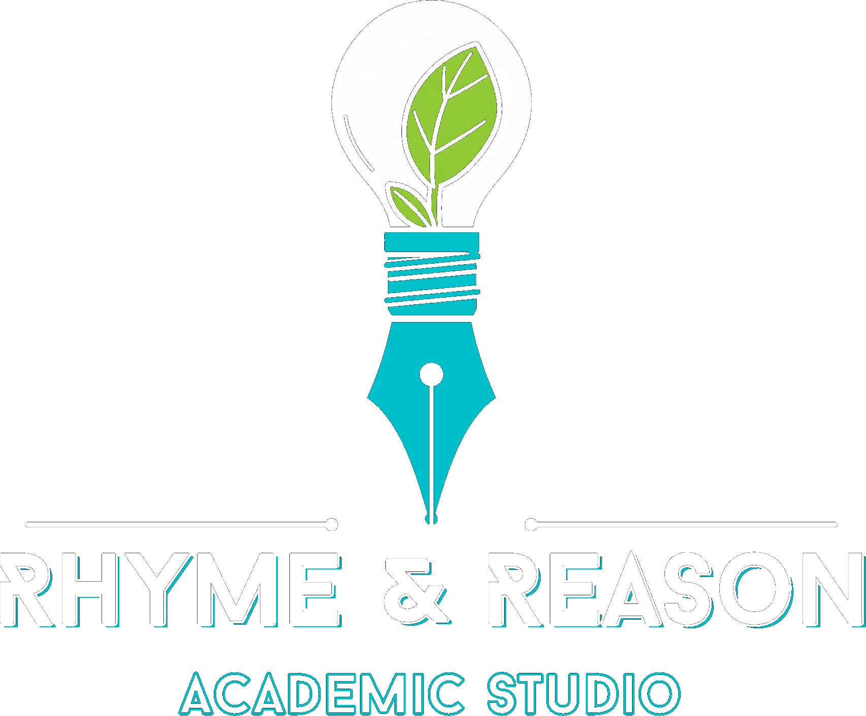 Rhyme & Reason academic studio emblem: a globe resting on a fountain pen nib